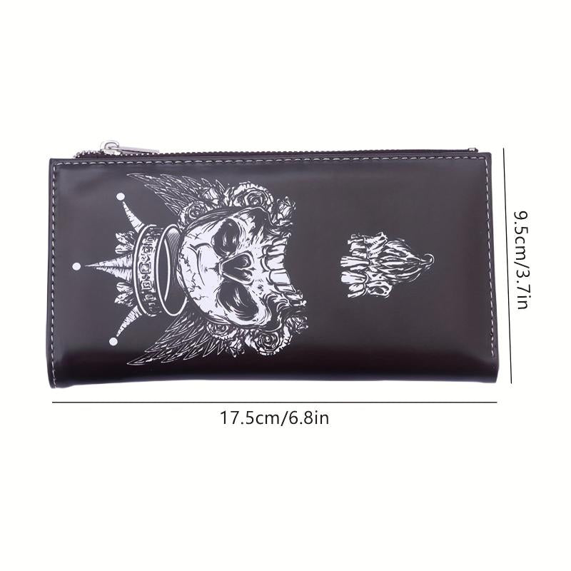 Men's Leather Long Wallet with Skull Pattern Zipper Coin Purse