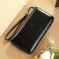 Men's Anti-theft Long Leather Wallet Zip Clutch Bag
