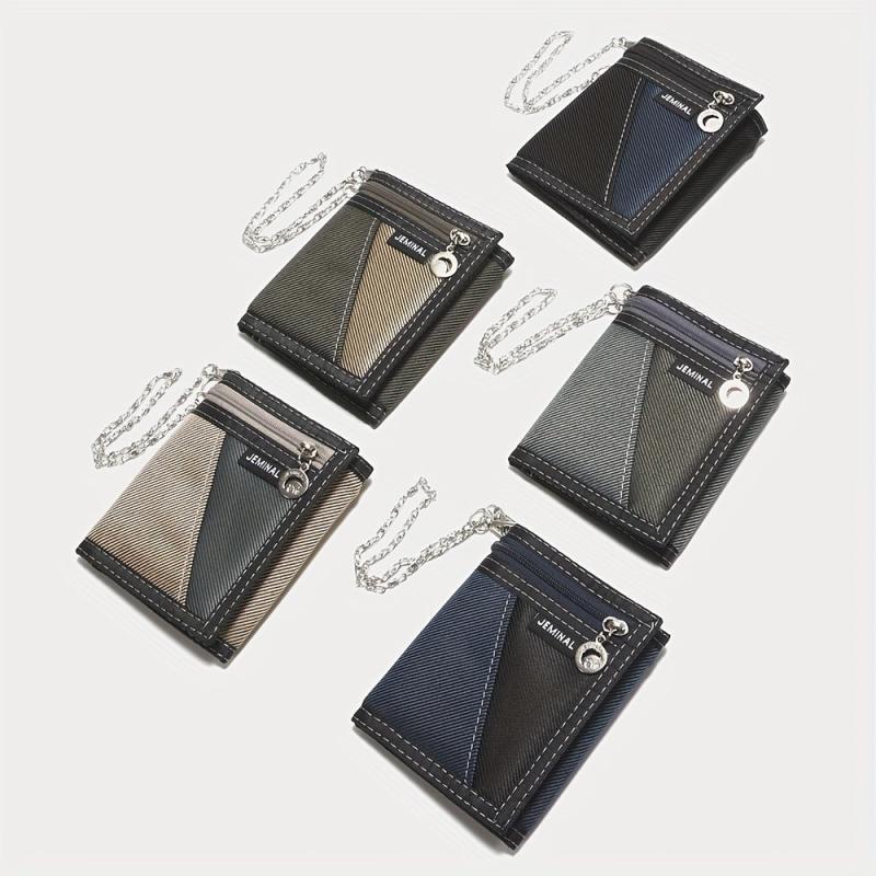 Men's Canvas Trifold Chain Wallet Zipper Pocket