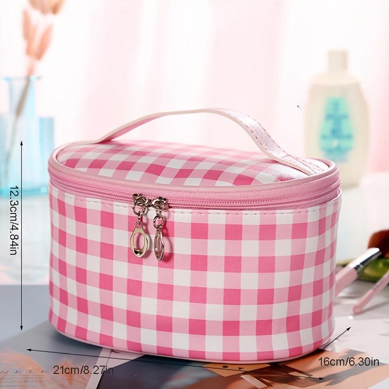 Plaid Pattern Cosmetic Bag Travel Toiletry Makeup Storage Organizer