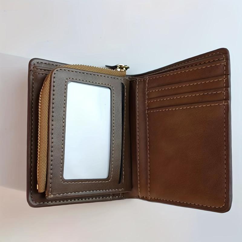 Men's Leather Short Wallet Trifold With Zipper & Coin Purse Large Capacity