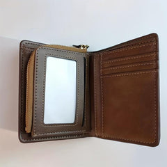 Men's Leather Short Wallet Trifold With Zipper & Coin Purse Large Capacity