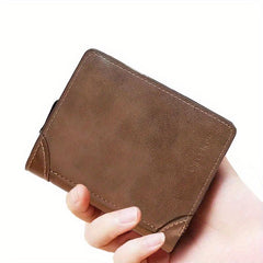 Men's Leather Short Wallet Trifold With Zipper & Coin Purse Large Capacity