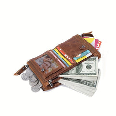 Leather Men's Wallet Short Coin Purse Double Zipper Money Clip