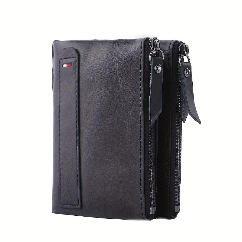 Leather Men's Wallet Short Coin Purse Double Zipper Money Clip