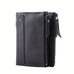 Leather Men's Wallet Short Coin Purse Double Zipper Money Clip