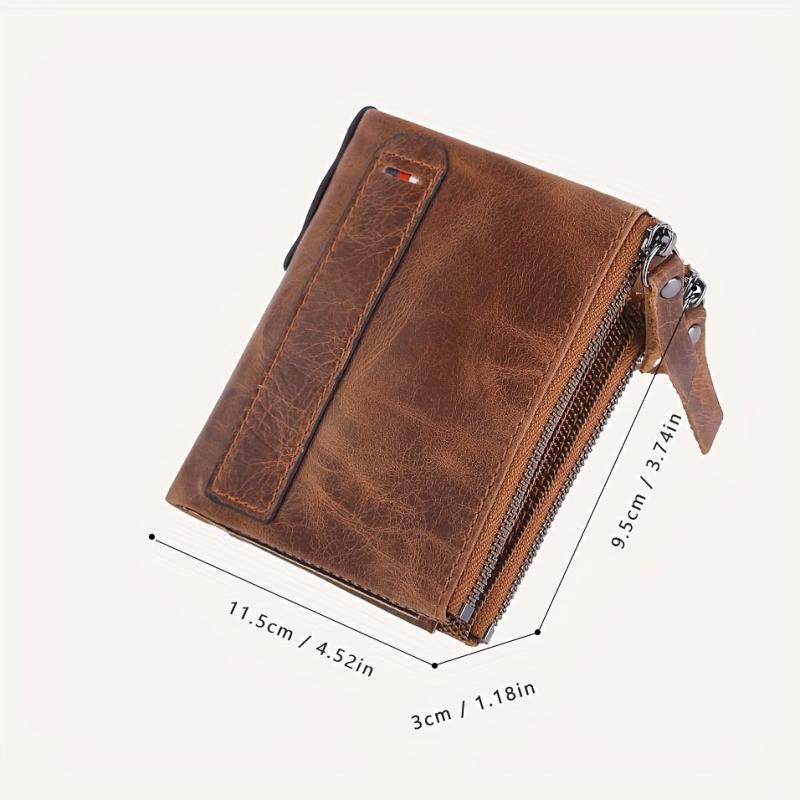 Leather Men's Wallet Short Coin Purse Double Zipper Money Clip