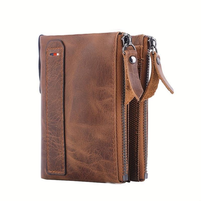 Leather Men's Wallet Short Coin Purse Double Zipper Money Clip