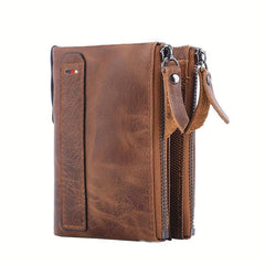 Leather Men's Wallet Short Coin Purse Double Zipper Money Clip