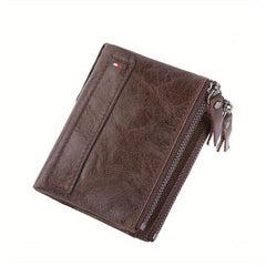 Leather Men's Wallet Short Coin Purse Double Zipper Money Clip