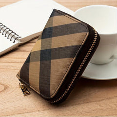 Men's Striped Plaid PU Leather Card Holder Zipper Coin Purse