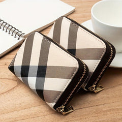 Men's Striped Plaid PU Leather Card Holder Zipper Coin Purse