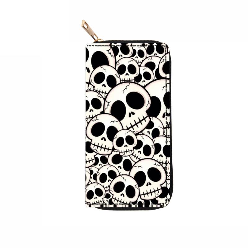 Men's Skeleton Pattern Long Wallet Vintage Leather Zipper Coin Purse Card Holder