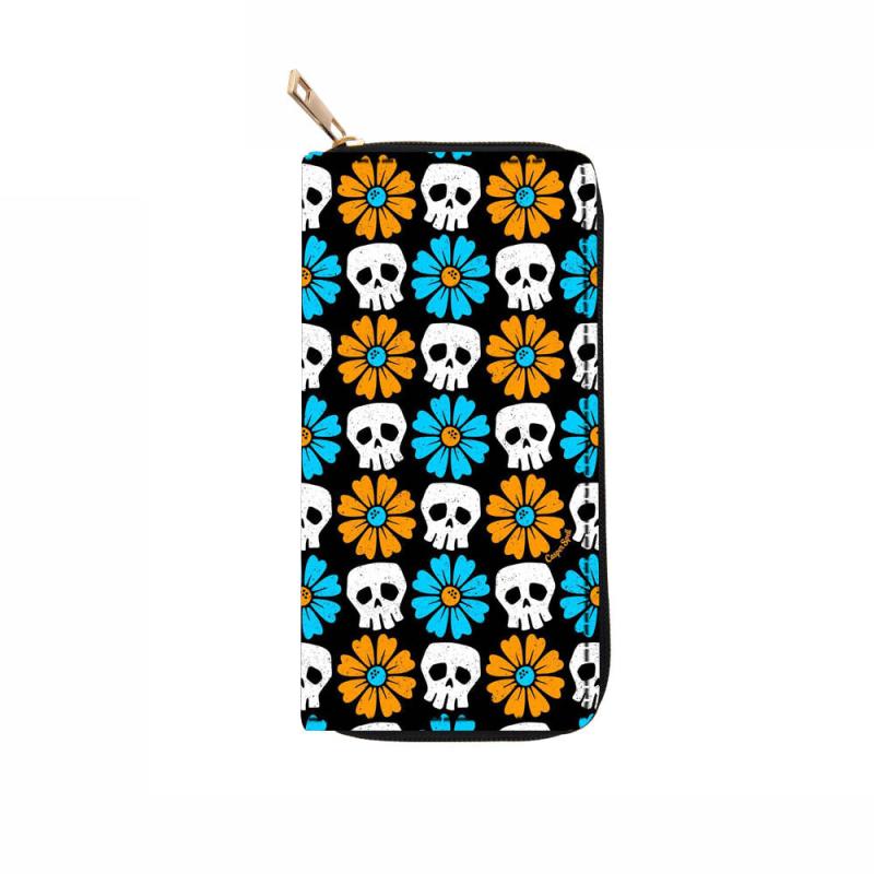 Men's Skeleton Pattern Long Wallet Vintage Leather Zipper Coin Purse Card Holder
