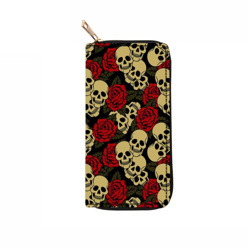 Men's Skeleton Pattern Long Wallet Vintage Leather Zipper Coin Purse Card Holder