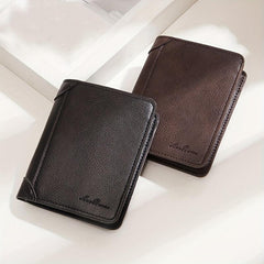 Men's Zipper Vertical Wallet Solid Coin Purse Large Capacity Leather Wallet