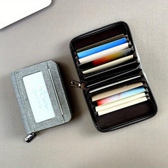 Gray Canvas Business Card Holder for Men with 12 Card Slots and ID Holder