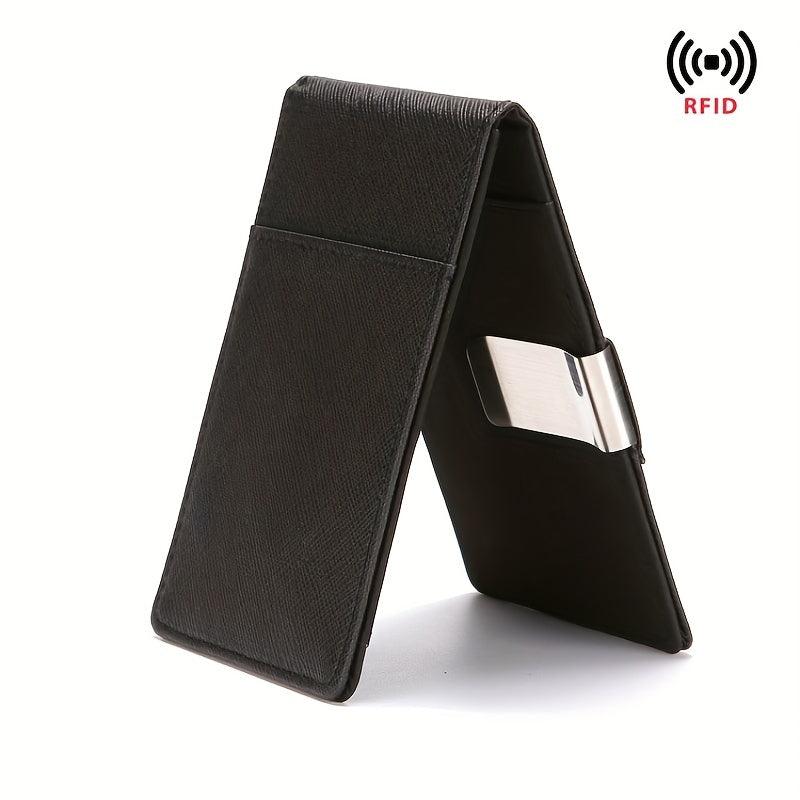 RFID Blocking Card Holder Stainless Steel Money Clip Men's PU Leather Wallet