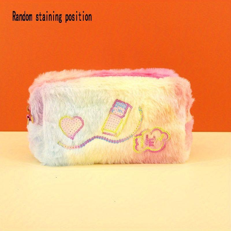Sequins Pattern Plush Clutch Bag Zipper Pouch Lightweight Makeup Bag