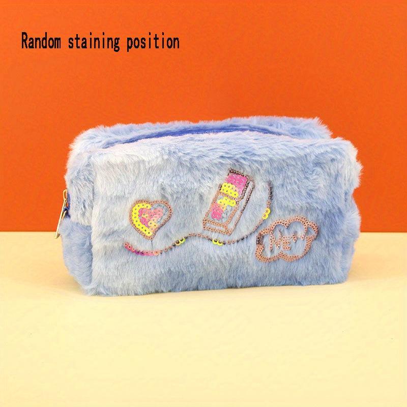 Sequins Pattern Plush Clutch Bag Zipper Pouch Lightweight Makeup Bag