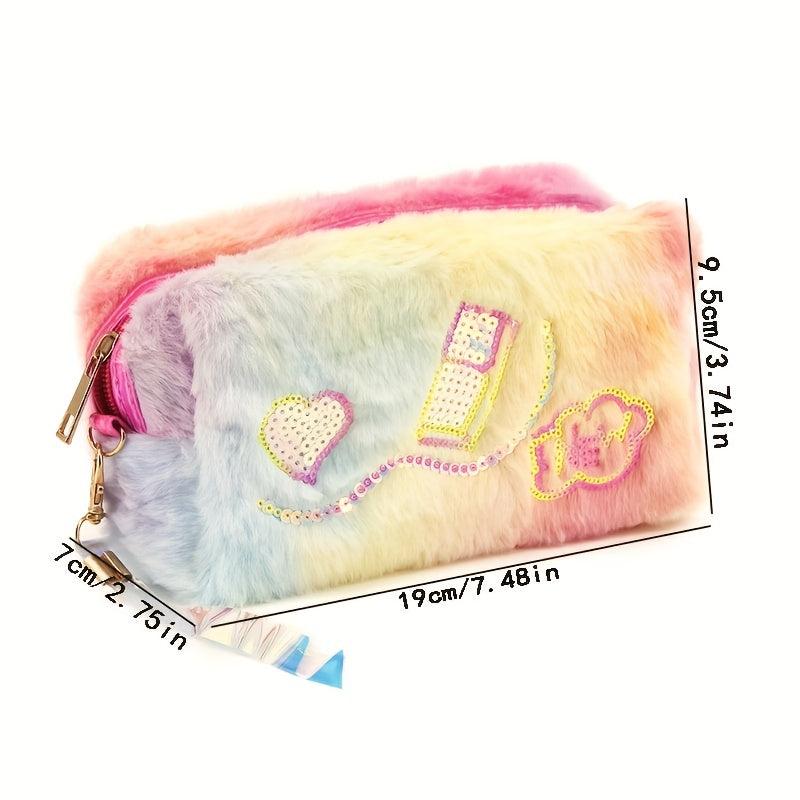 Sequins Pattern Plush Clutch Bag Zipper Pouch Lightweight Makeup Bag