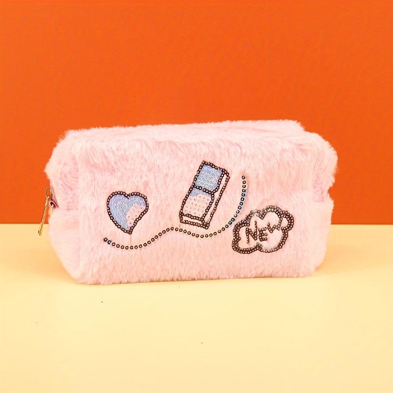 Sequins Pattern Plush Clutch Bag Zipper Pouch Lightweight Makeup Bag