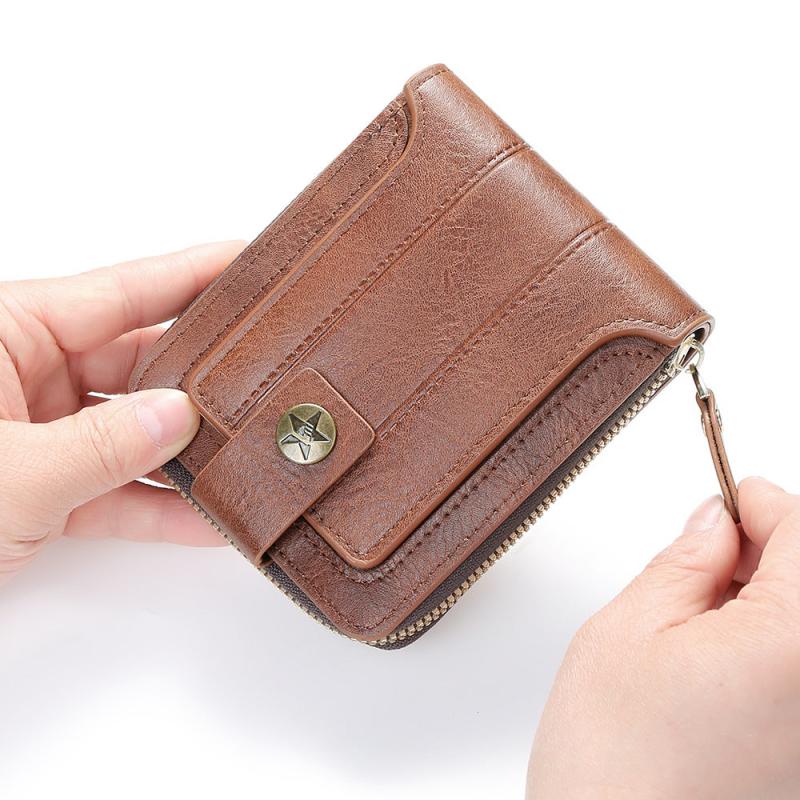 Men's Short Wallet Zipper Buckle Three fold Leather Clip