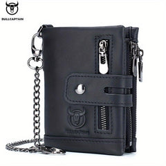 BULLCAPTAIN Men's Leather Chain Wallet Large Capacity Card Holder