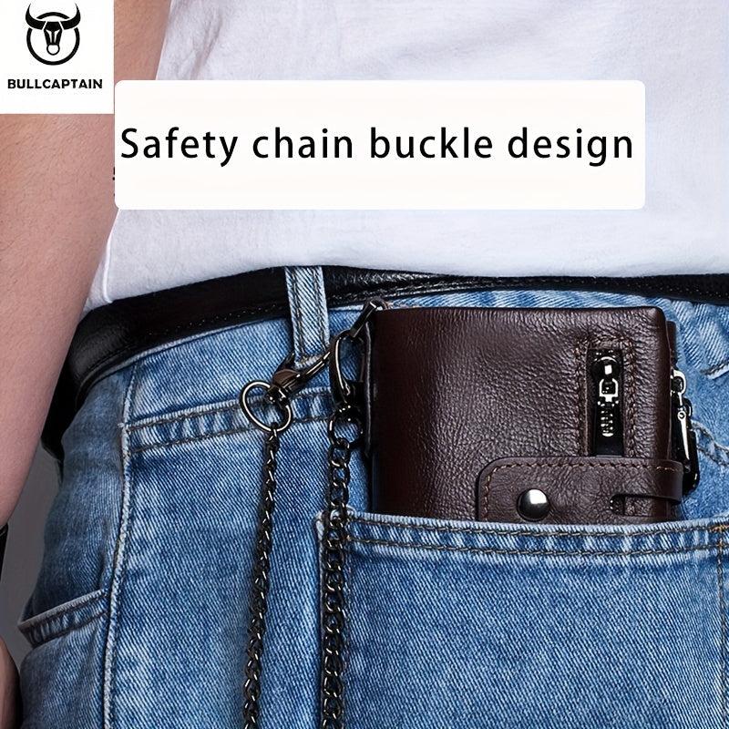 BULLCAPTAIN Men's Leather Chain Wallet Large Capacity Card Holder