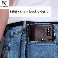 BULLCAPTAIN Men's Leather Chain Wallet Large Capacity Card Holder