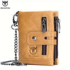 BULLCAPTAIN Men's Leather Chain Wallet Large Capacity Card Holder