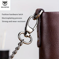 BULLCAPTAIN Men's Leather Chain Wallet Large Capacity Card Holder