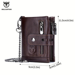 BULLCAPTAIN Men's Leather Chain Wallet Large Capacity Card Holder