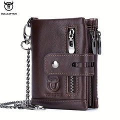 BULLCAPTAIN Men's Leather Chain Wallet Large Capacity Card Holder
