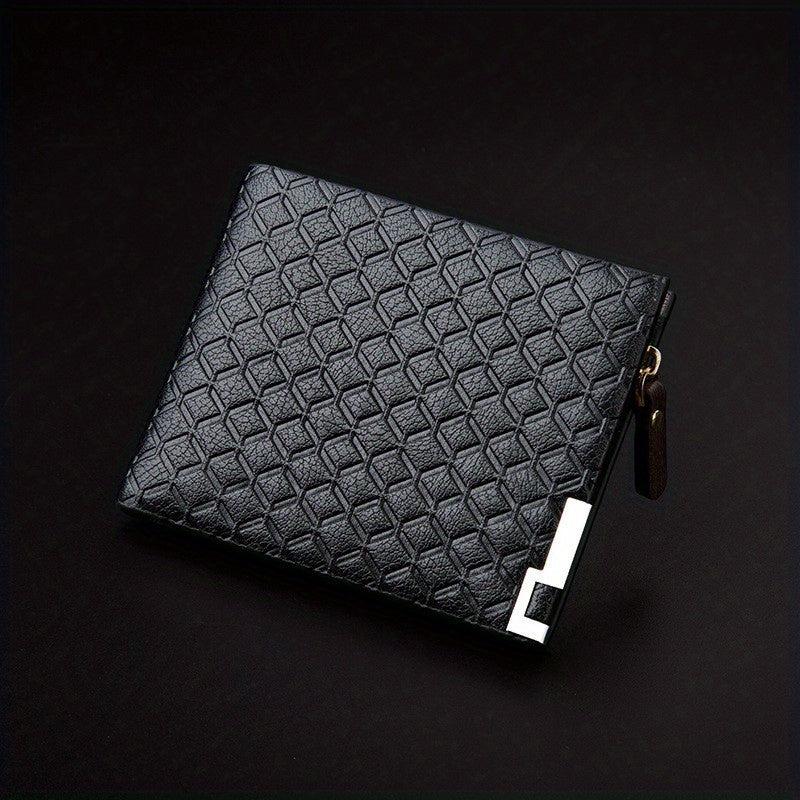 Men's Leather Money Clip Wallet Plaid Pattern Zip Coin Purse