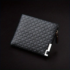 Men's Leather Money Clip Wallet Plaid Pattern Zip Coin Purse