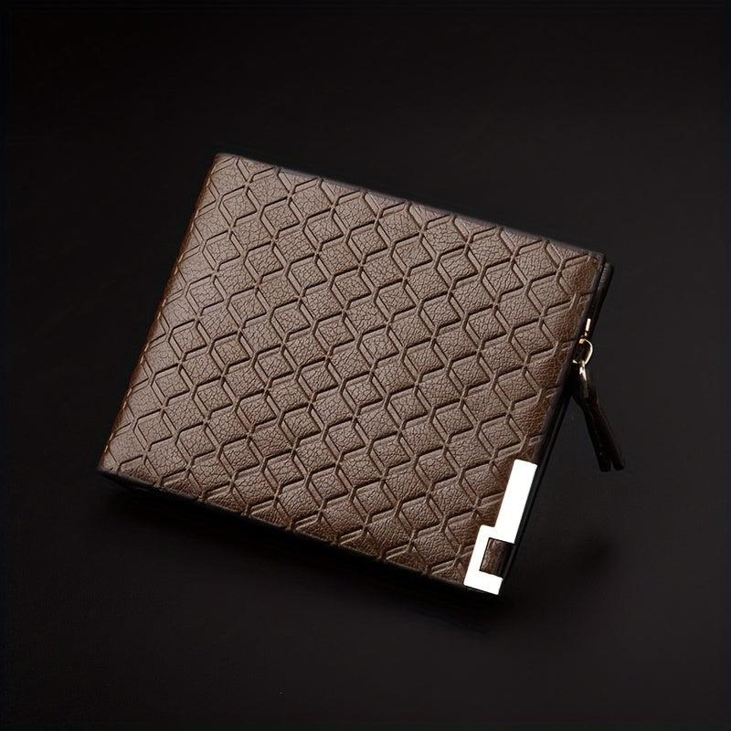 Men's Leather Money Clip Wallet Plaid Pattern Zip Coin Purse
