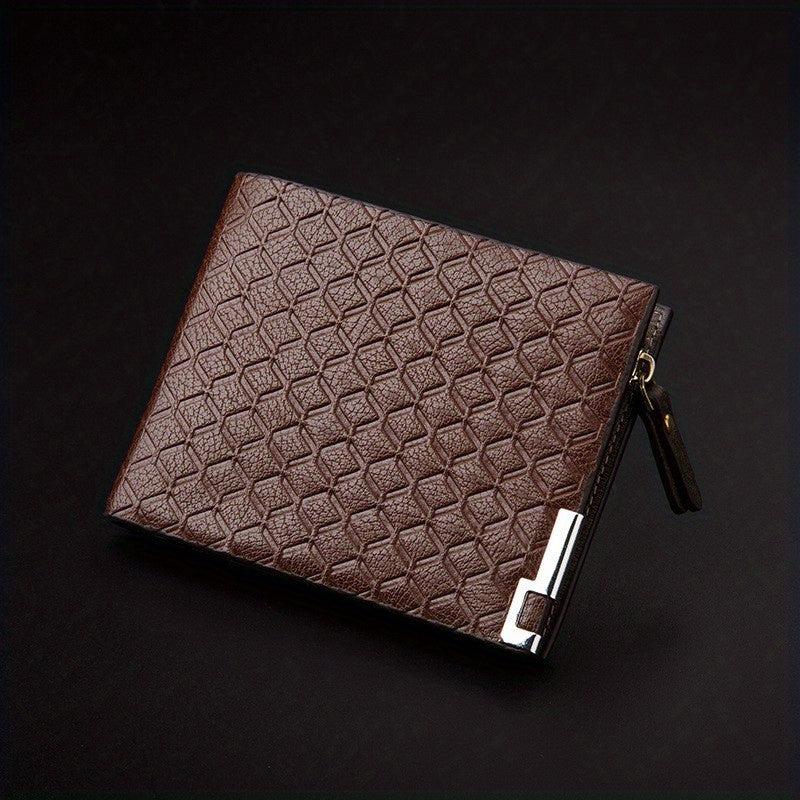 Men's Leather Money Clip Wallet Plaid Pattern Zip Coin Purse