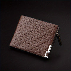 Men's Leather Money Clip Wallet Plaid Pattern Zip Coin Purse