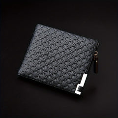 Men's Leather Money Clip Wallet Plaid Pattern Zip Coin Purse