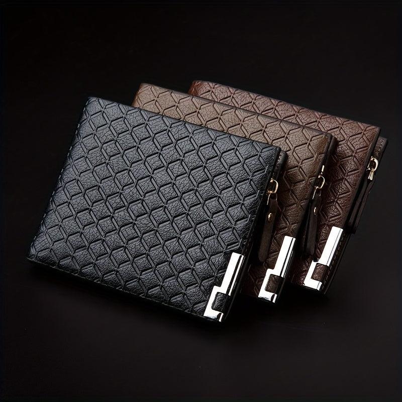 Men's Leather Money Clip Wallet Plaid Pattern Zip Coin Purse