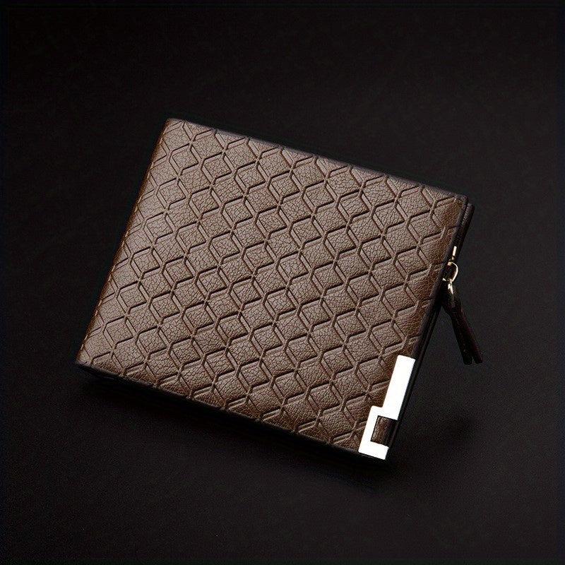 Men's Leather Money Clip Wallet Plaid Pattern Zip Coin Purse