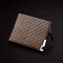Men's Leather Money Clip Wallet Plaid Pattern Zip Coin Purse