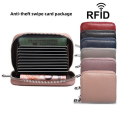 RFID Multifunctional Cowhide Card Bag - 10 Slots, Anti-theft Zipper, Clip