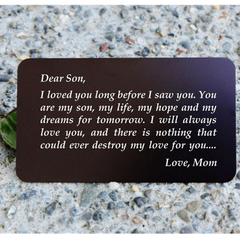 Son Gift Wallet Card Insert Engraved Note from Mom Dad Birthday