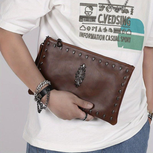 Vintage Leather Clutch Bag with Rivet Decor