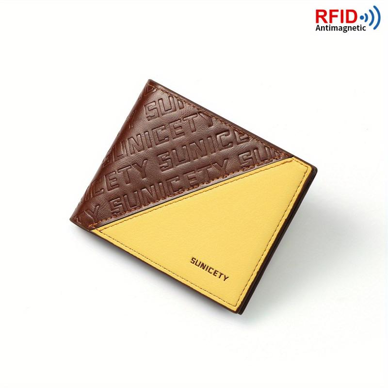 Men's Block Stitching Short Wallet RFID Blocking Card Holder Bifold