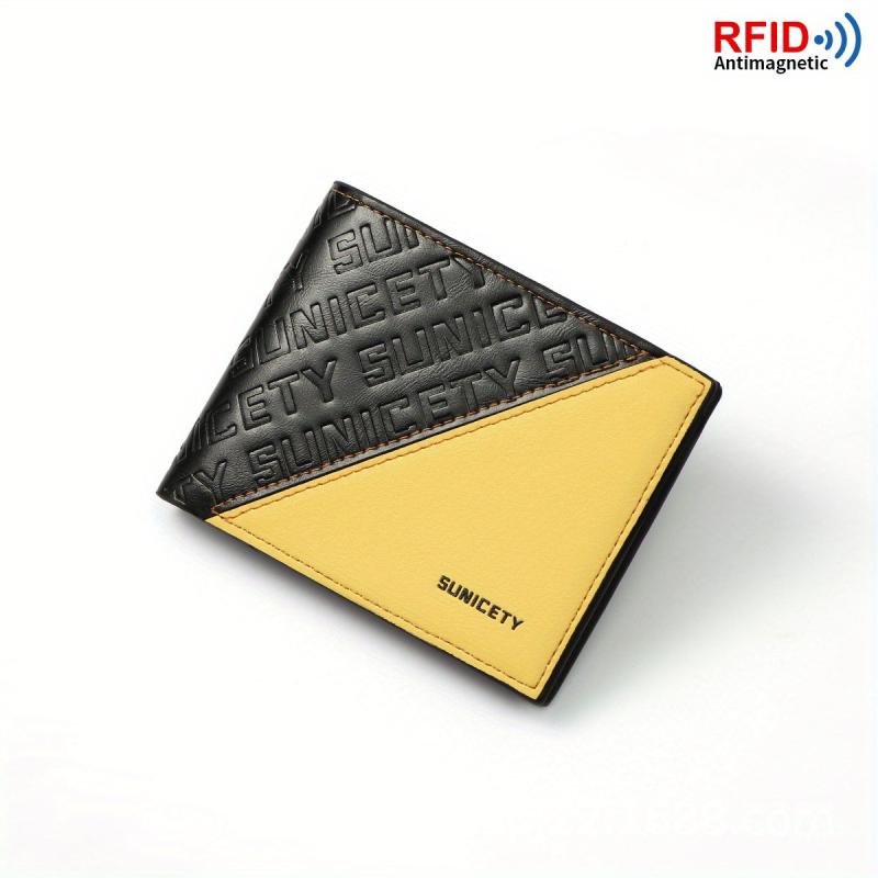 Men's Block Stitching Short Wallet RFID Blocking Card Holder Bifold
