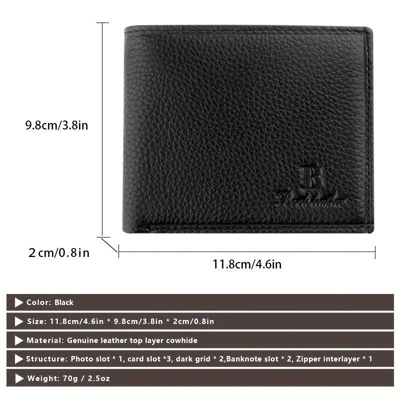Men's Leather Short Wallet with Coin Pouch Top Layer Cowhide