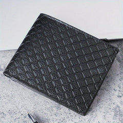 Men's Leather Short Wallet Money Clip Plaid Pattern Card Holder Purse